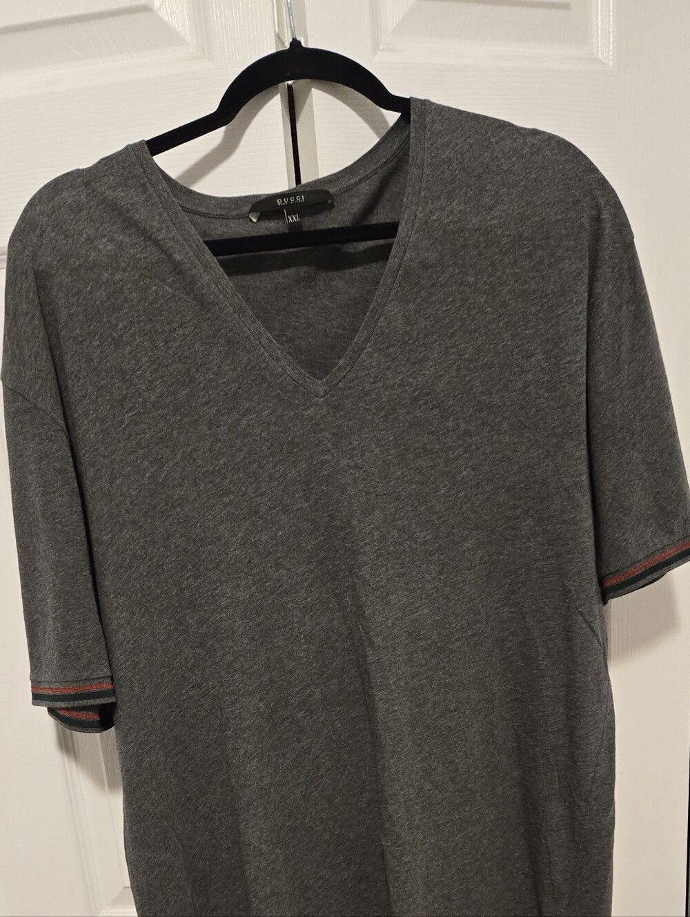 Gucci Men's Dark Gray V-Neck Short Sleeve Tee with Red and Black Sleeve Trim